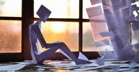 Poster - Paper figure sits, head down, near window. Papers surround it, suggesting stress, sadness, or overwhelm. Soft light filters through glass.