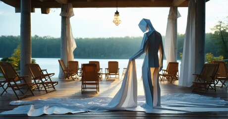 Poster - Geometric figure stands near water, draped fabric. Outdoor patio with chairs, columns, serene landscape visible. Sunlight creates warm tones.