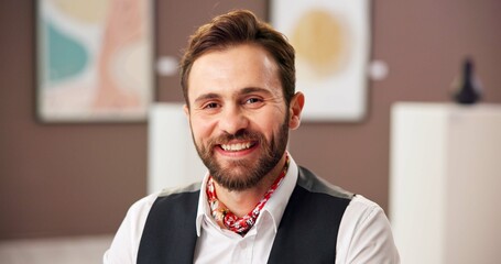 Poster - Man, smile and portrait of director at art gallery as exhibition coordinator for creative business. Confident professional, museum and artwork curator, worker and face of employee with pride in UK