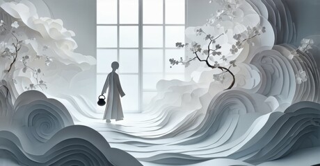 Poster - Papercraft scene depicts figure facing window. Waves, trees, blossoms create surreal landscape. Minimalist style, monochromatic palette. Quiet, serene atmosphere.