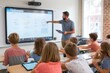 © Yulia - Modern classroom with students interacting via projector and digital devices, exploring educational apps under guidance of teacher with tablet, Selective Focus..