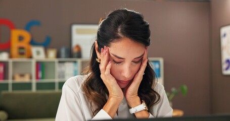 Fototapete - Anxiety, education and laptop with woman teacher at desk in office for burnout or stress. Computer, headache and tired with mature educator at school for fatigue, migraine or planning of curriculum