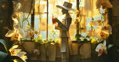 Poster - Paper figure enjoys drink near window. Orchids bloom, pages surround, warm light filters through. Peaceful scene, delicate details.
