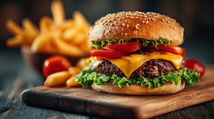 Aufkleber - a delicious burger with sesame seed bun, lettuce, tomato, cheese, and fries on a wooden board