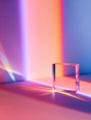 Poster - A clear glass prism casting colorful light reflections on a smooth surface in a vibrant setting