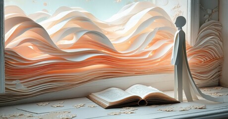 Poster - Paper waves fill window. Figure gazes upon open book. Delicate scene evokes calm, imaginative world. Soft light, gentle curves.