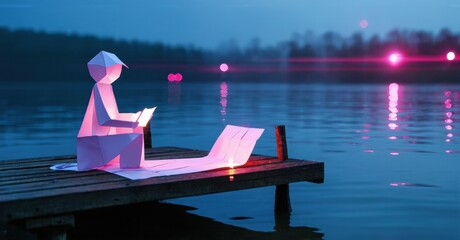 Poster - Origami figure sits reading book on dock. Water reflects pink lights, creating serene nighttime scene. Peaceful, quiet moment.