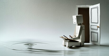 Poster - Paper robot sits near doorway. Water ripples extend toward figure, creating surreal scene. Minimalist aesthetic, monochrome palette.