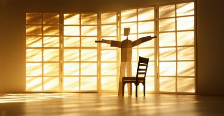 Poster - Minimalist scene. Paper figure stands before window, chair nearby. Warm light creates dramatic shadows, simple composition.