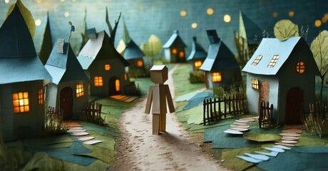 Aufkleber - Papercraft village scene. Small figure stands at road junction. Warm lights glow from windows, creating cozy atmosphere. Trees surround homes.