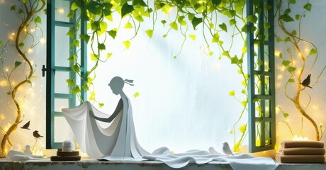Aufkleber - Papercraft scene depicts woman silhouette near window. Vines, birds, lights create dreamy atmosphere. Soft colors, peaceful setting.