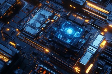 Poster - Detailed view of a complex circuit board with glowing blue and orange components and intricate design