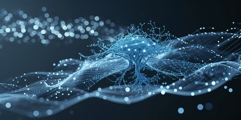 Fototapete - Futuristic digital tree structure illuminated by blue lights against a dark background showcasing abstract technology