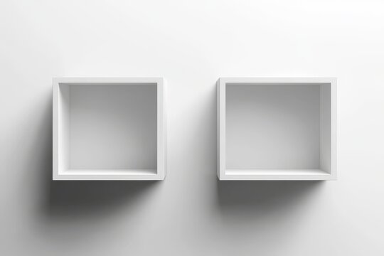 A white cardboard box, either open or closed, featuring paper and a sticker, set against a light background, symbolizing business gifts, presented as a mock-up through 3D rendering