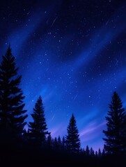 Wall Mural - starry night sky over a forest silhouette with shooting stars and soft clouds in the background