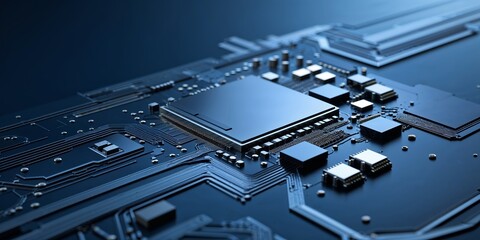 Poster - Close-up view of a high-tech computer motherboard with intricate circuitry under blue lighting