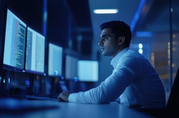 indian software engineer sitting at a desk in a modern tech office, focused on code on dual monitors