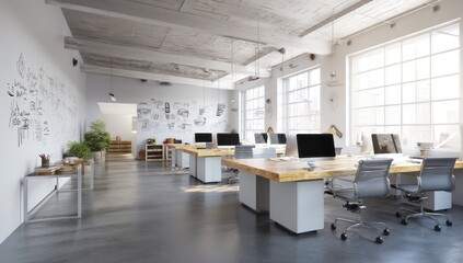 Fototapete - Airy office space with polished concrete flooring, whiteboard mockups, and modern furniture.