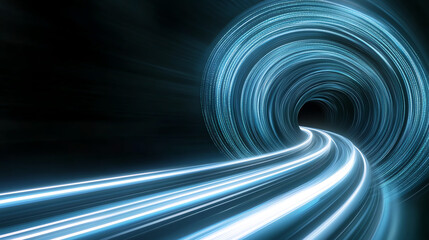 Poster - A dynamic light tunnel with flowing beams creating a sense of speed and movement in a technological environment.