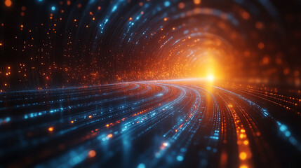 Poster - A futuristic digital tunnel filled with glowing particles and vibrant colors, representing advanced technology and innovation.
