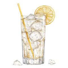 Aufkleber - Refreshing lemonade with ice and lemon slice, served in tall glass, perfect for hot days. Enjoy crisp, cool taste