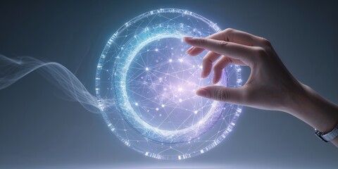 Poster - Hand reaching towards a glowing digital sphere representing innovation and technology during a conceptual art event