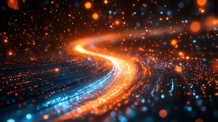Fototapete - A mesmerizing digital swirl of vibrant blue and orange lights, creating a dynamic visual experience for technology and innovation themes.
