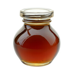 Poster - small glass jar filled with amber colored liquid, resembling honey or syrup, showcasing its glossy texture and round shape. jar has simple design, perfect for kitchen or food related themes