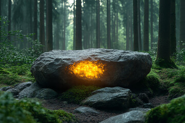 Poster - A mystical rock glowing with warm light, surrounded by lush green forest, creating an enchanting atmosphere of nature's magic.
