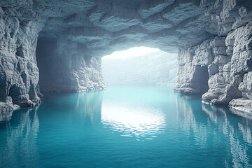 Aufkleber - A serene cave landscape with crystal-clear blue water reflecting soft light, creating a peaceful and tranquil atmosphere.