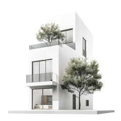 Aufkleber - Modern architectural design featuring three story white building with large windows and balconies, surrounded by greenery. structure showcases minimalist aesthetic and contemporary style
