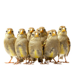 Poster - group of small birds standing together, showcasing their yellow and brown feathers. Their curious expressions and close formation create charming and lively scene