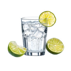 Aufkleber - Refreshing lime drink with ice in glass, garnished with lime slices. Perfect for summer or parties
