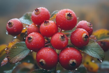 Wall Mural - Vibrant Red Berries with Dew on Autumn Leaves for Seasonal Nature Prints