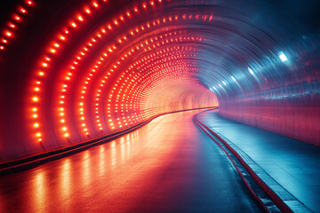 Leinwandbilder - A vibrant tunnel illuminated by colorful lights, creating an atmospheric pathway with reflections and dynamic hues. Perfect for urban imagery.
