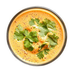 Poster - Creamy orange sauce topped with fresh green cilantro leaves in glass bowl, perfect for enhancing dishes with flavor and color