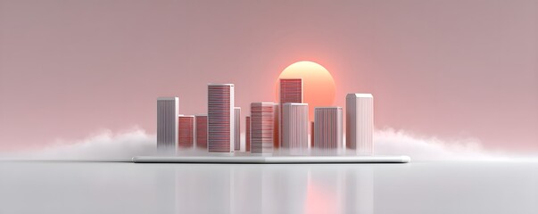 Poster - retro-futuristic skyline at sunrise, golden neon glow, vaporwave cityscape, minimalist cyberpunk, so