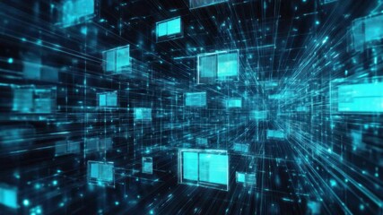 Poster - Digital Data Network: A mesmerizing visual representing the interconnectedness of data in the digital world, the image uses radiant neon blues to evoke the dynamism of technology.