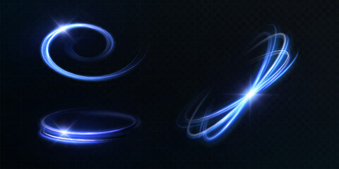 Poster - Dynamic traces of light energy flow of vortex rings with bright blue glow. Suitable for game HUD, energy spells, magic effects, sci-fi animation.