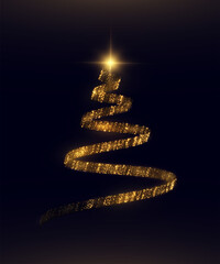 Poster - Glowing Christmas tree made of golden ribbon on dark background. Elegant New Year silhouette with glow and highlights for holiday design, cards and decor.