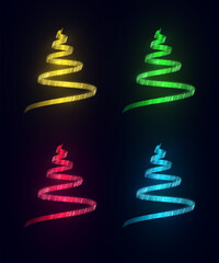 Poster - Christmas trees in the form of multi-colored ribbons on a dark background: green, red, blue and yellow color of Christmas trees. Vector