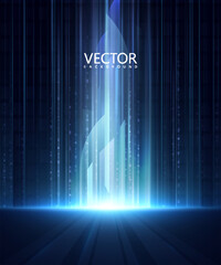 Poster - Futuristic bright blue background with vertical light stripes on a dark digital scene. Modern and technological visual style.