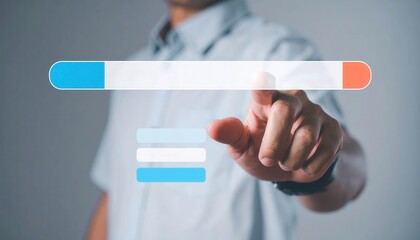 Poster - Close-up of a person pointing at a digital loading bar on a touchscreen interface, illustrating technology and interaction concepts