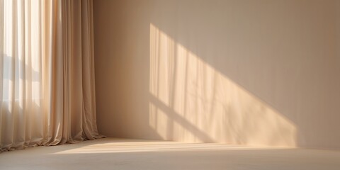 Poster - Warm sunlight casts soft shadows across an empty minimalist room with light curtains and beige walls in the late afternoon