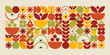 © klyaksun - Geometric food pattern with apples, flowers and leaves - vivid autumn colors decorative autumn fruits, foliage repeating tile for background design, healthy eco eating graphic project and package.
