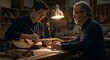 © Ambara_studio - Artisans collaborate on guitar construction in a workshop illuminated by warm light