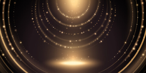 Poster - Golden glitter sparkles swirling around spotlight stage background, shimmering particles in dynamic lines converging to illuminated circle center. Festive award ceremony or luxury event backdrop.