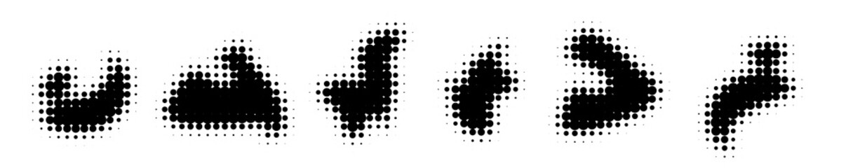 Poster - Halftone blob shapes set - dotted black geometric forms, halftone effect paint stains, round particles compositions pack. Grunge design elements collection for backgrounds, patterns and textures.