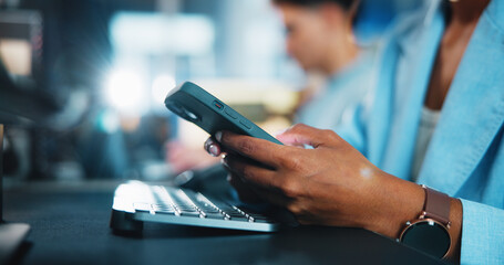Aufkleber - Office, hands and online with smartphone for chat, digital conversation and connection for contact. Flare, business person and worker on break with mobile, app and social media for typing in closeup