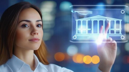 Poster - Futuristic Banking Interface: woman interacts with a holographic display of a classic bank building, symbolizing the integration of tradition and modern finance.